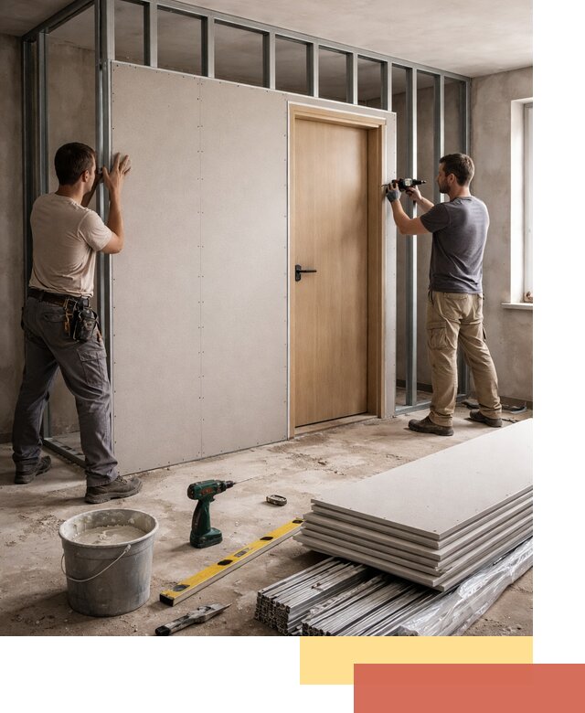 Перегородка из гипсокартона с дверью под ключ в Березниках