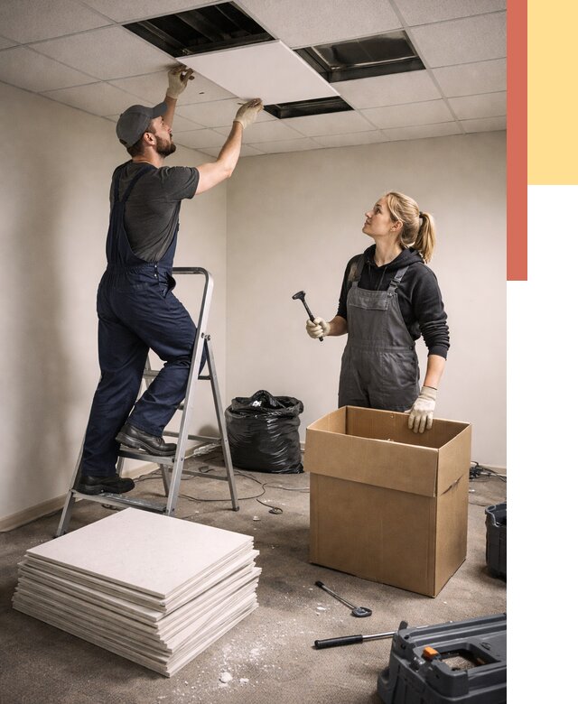 Демонтаж потолочной плитки в Березниках от 4635 руб. быстро и недорого | ОТДЕЛОЧНИК-Брз