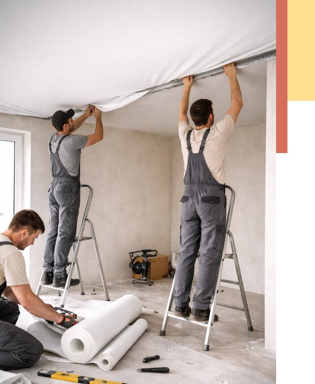 Монтаж тканевого натяжного потолка в Березниках от 3605 руб. под ключ | ОТДЕЛОЧНИК-Брз