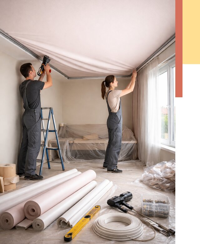 Монтаж цветного натяжного потолка в Березниках от 4326 руб/м² — быстро и недорого | ОТДЕЛОЧНИК-Брз