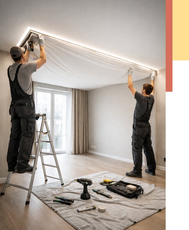 Монтаж парящего натяжного потолка в Березниках от 4635 руб. быстро и недорого | ОТДЕЛОЧНИК-Брз