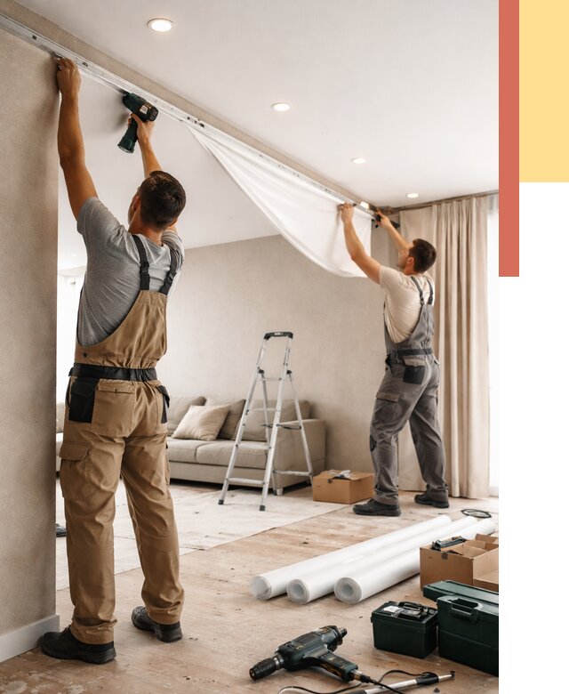 Монтаж натяжного потолка в гостиной в Березниках от 566 руб. | ОТДЕЛОЧНИК-Брз