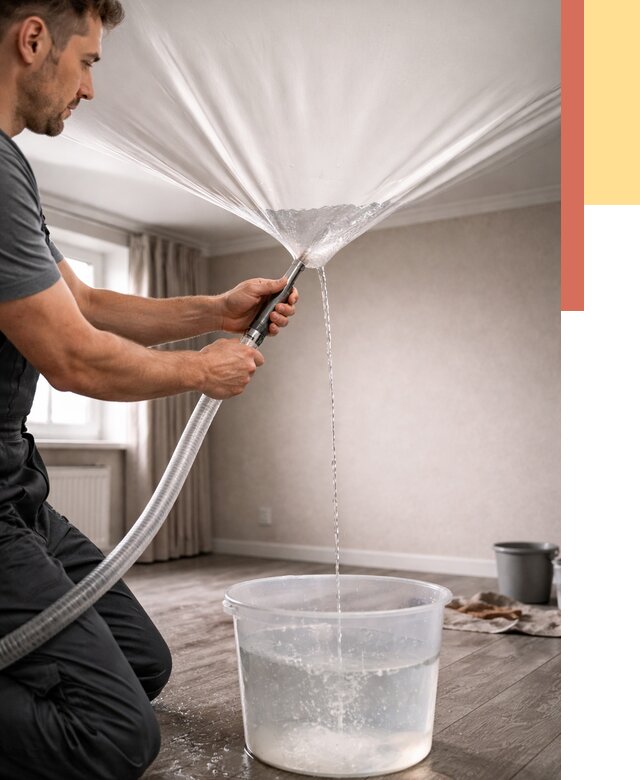 Слив воды с натяжного потолка в Березниках от 2575 руб. быстро и недорого | ОТДЕЛОЧНИК-Брз