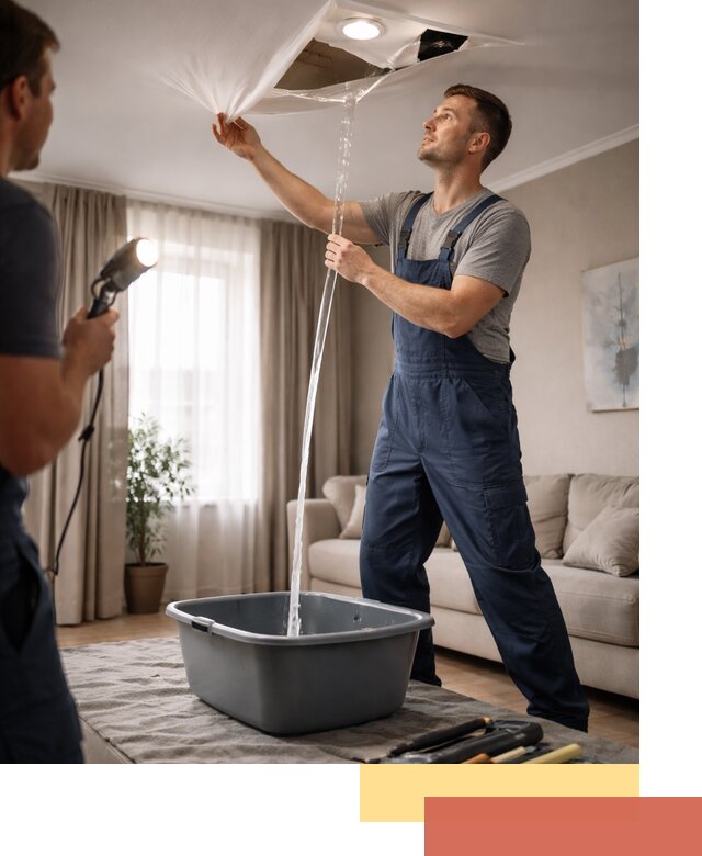 Слив воды с натяжного потолка в Березниках быстро и аккуратно