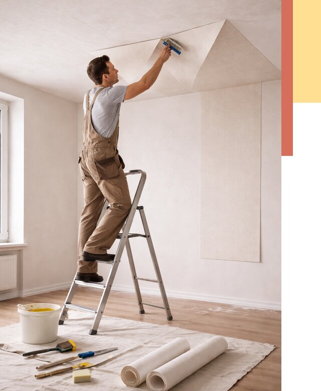 Поклейка обоев на потолок в Березниках от 4635 руб. быстро и недорого | ОТДЕЛОЧНИК-Брз